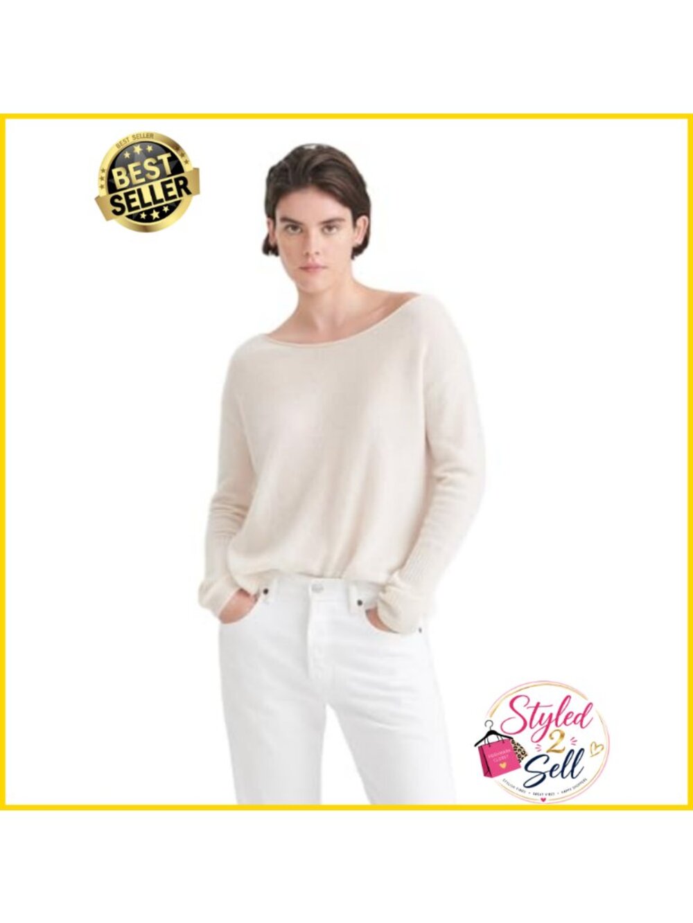 100% Cashmere Boatneck Pullover Sweater Relaxed Fit Drop Shoulder